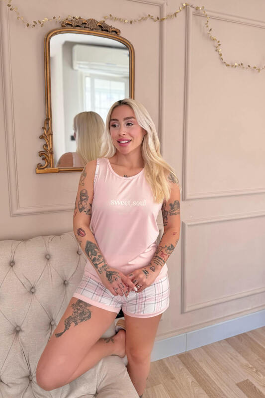 Pudra Sweet Soul Ekose Desenli Sıfır Kol Şortlu Örme Kadın Pijama Takımı - Pijamaevi (1)