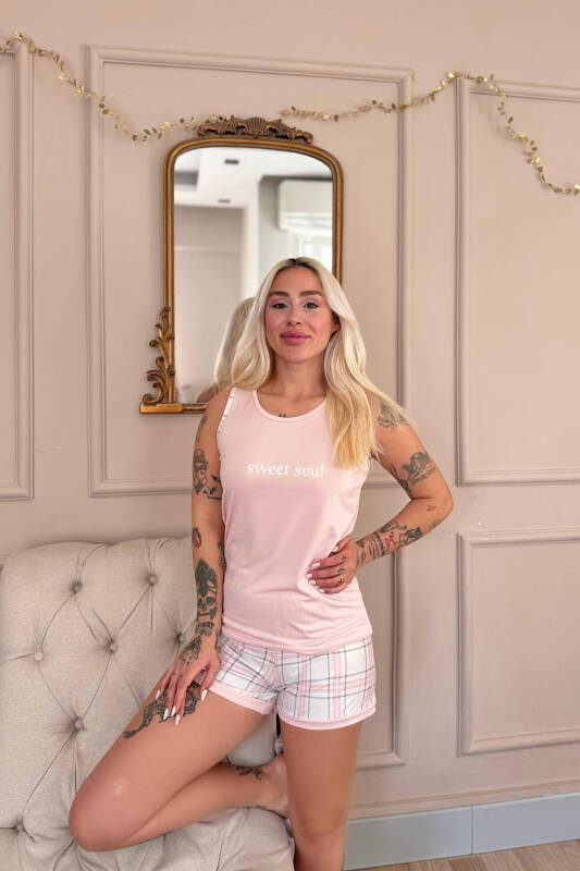 Pudra Sweet Soul Ekose Desenli Sıfır Kol Şortlu Örme Kadın Pijama Takımı - Pijamaevi (2)