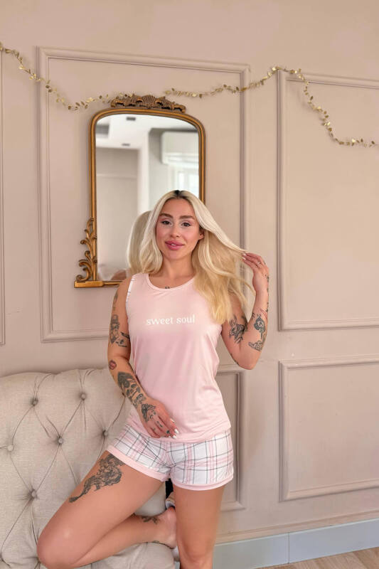 Pudra Sweet Soul Ekose Desenli Sıfır Kol Şortlu Örme Kadın Pijama Takımı - Pijamaevi (3)