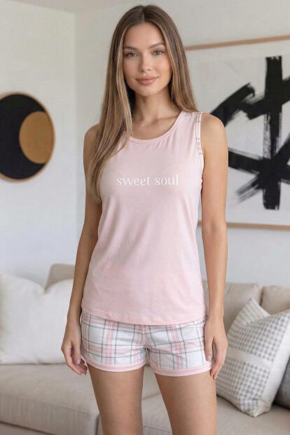 Pudra Sweet Soul Ekose Desenli Sıfır Kol Şortlu Örme Kadın Pijama Takımı - 3