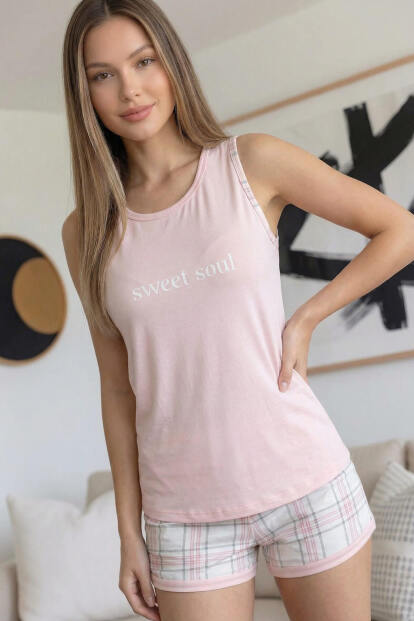 Pudra Sweet Soul Ekose Desenli Sıfır Kol Şortlu Örme Kadın Pijama Takımı - 4