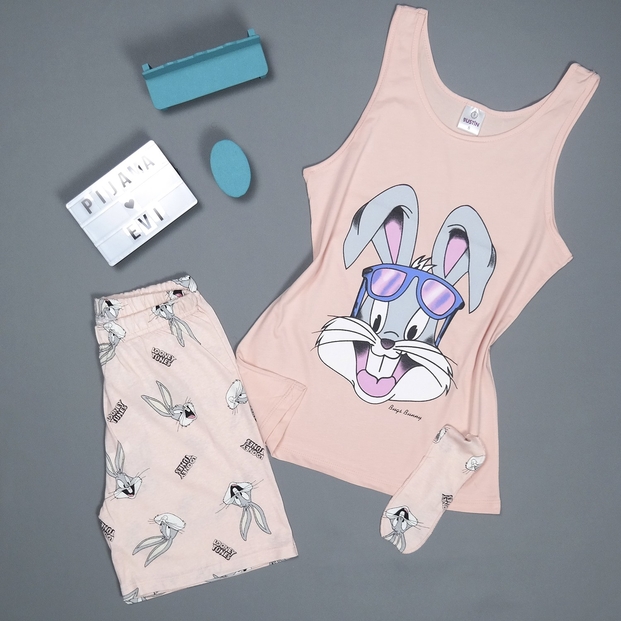 Pudra Tavşan Desenli Şortlu Askılı Sıfır Kol Bayan Pijama Takımı - 2
