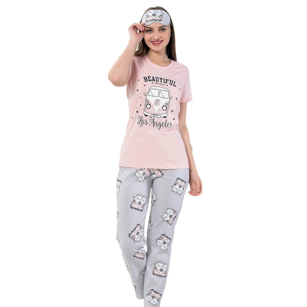 Pudra Vosvos Desenli Kısa Kollu Pijama Kadın Takımı - 1