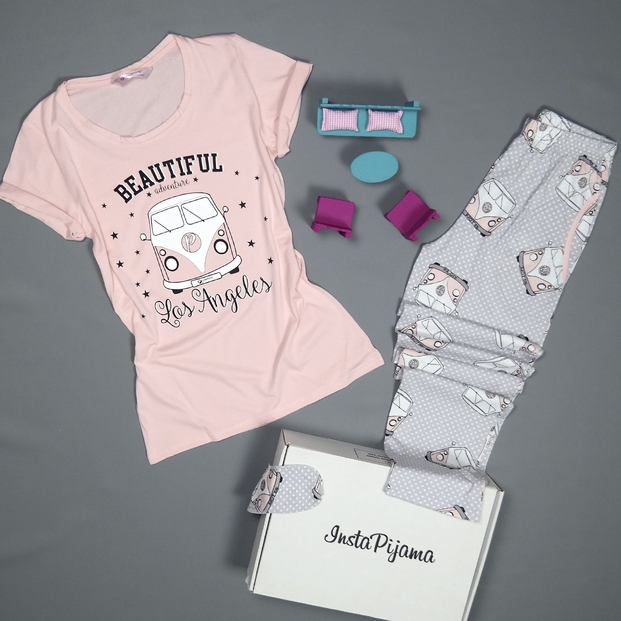 Pudra Vosvos Desenli Kısa Kollu Pijama Kadın Takımı - 2