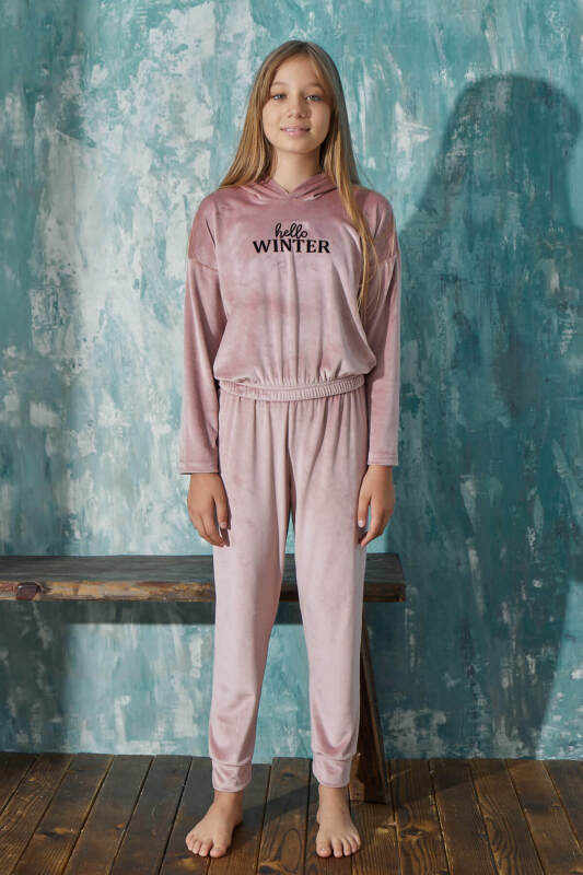 Pudra Winter Desenli Exclusive Kadife Kız Çocuk Pijama Takımı  - Pijamaevi (1)