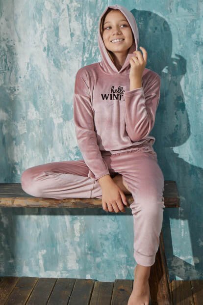 Pudra Winter Desenli Exclusive Kadife Kız Çocuk Pijama Takımı  - 5