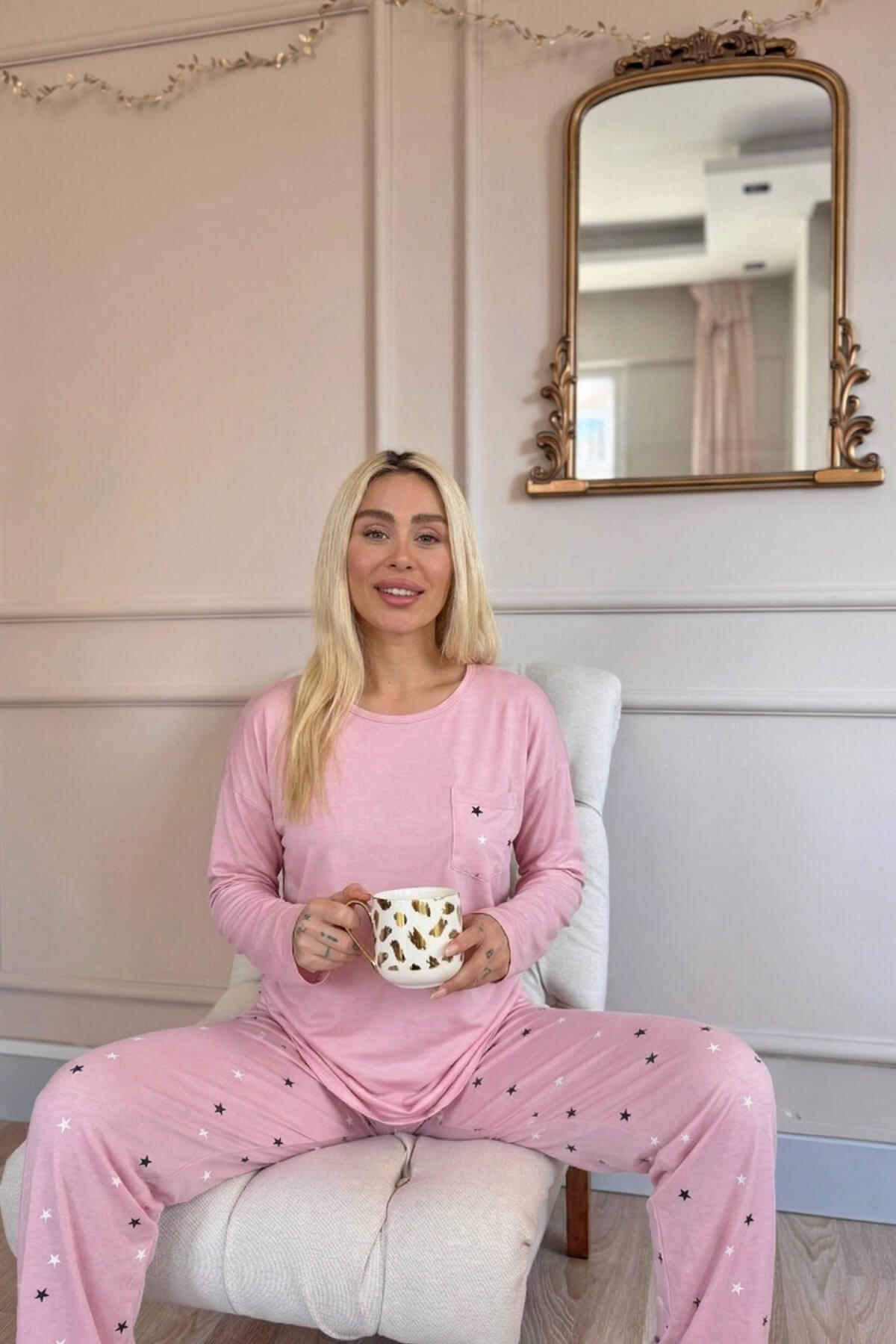 Pudra Yıldız Desenli Bambu Uzun Kol Kadın Pijama Takımı - Pijamaevi (2)