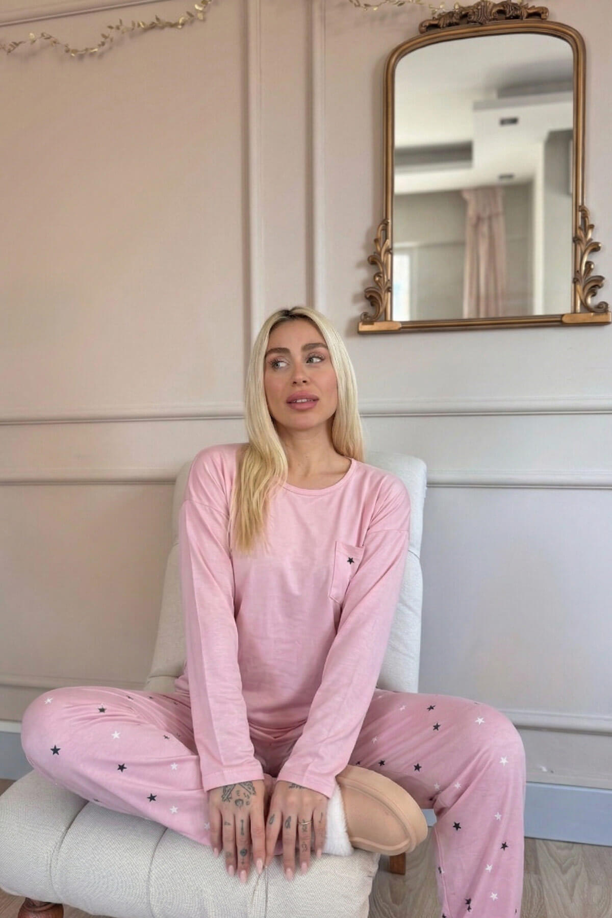 Pudra Yıldız Desenli Bambu Uzun Kol Kadın Pijama Takımı - Pijamaevi (3)