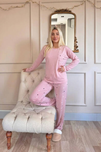 Pudra Yıldız Desenli Bambu Uzun Kol Kadın Pijama Takımı - 6