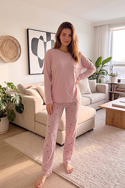 Pudra Yıldız Desenli Bambu Uzun Kol Kadın Pijama Takımı - 7