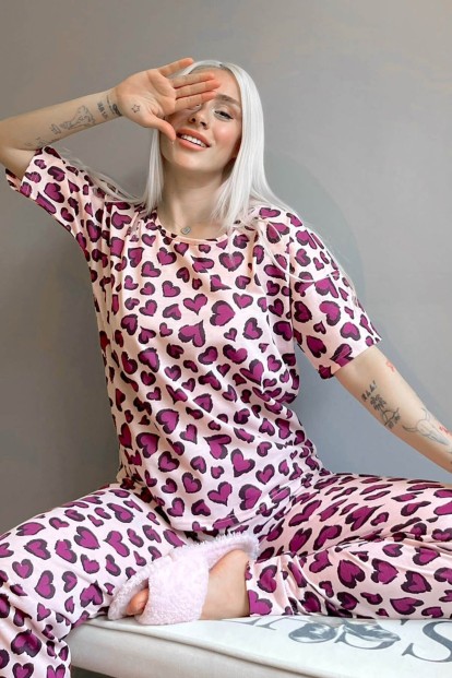 Purple Heart Baskılı Kısa Kollu Kadın Pijama Takımı - 1