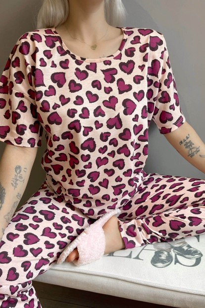 Purple Heart Baskılı Kısa Kollu Kadın Pijama Takımı - 4