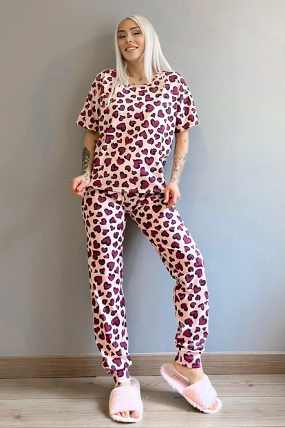 Purple Heart Baskılı Kısa Kollu Kadın Pijama Takımı - 5