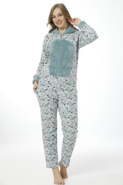 Rabit Desenli Kadın Polar Peluş Tulum Pijama Takımı - 1