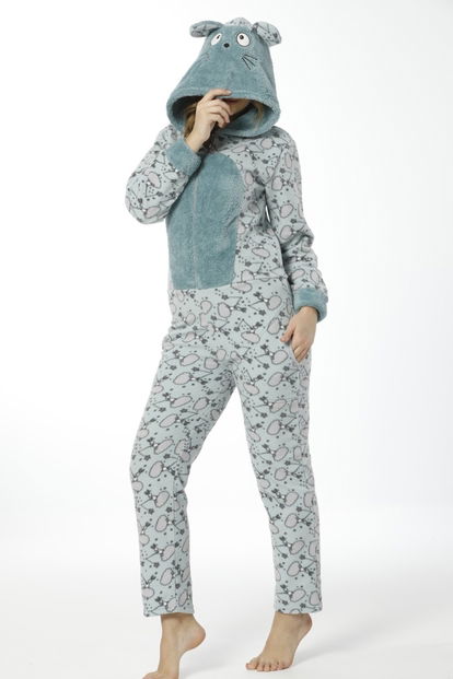Rabit Desenli Kadın Polar Peluş Tulum Pijama Takımı - 2