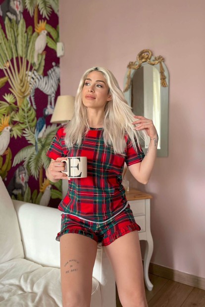 Red Ekose Baskılı Şortlu Kadın Pijama Takımı - 2