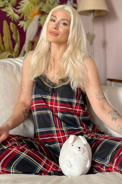 Red Kariran Dantelli İp Askılı Örme Kadın Pijama Takımı - 1
