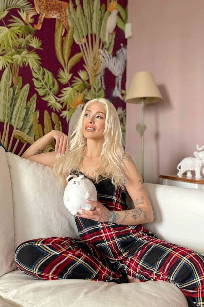 Red Kariran Dantelli İp Askılı Örme Kadın Pijama Takımı - 3