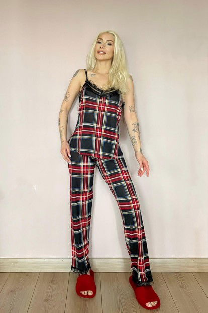 Red Kariran Dantelli İp Askılı Örme Kadın Pijama Takımı - 5