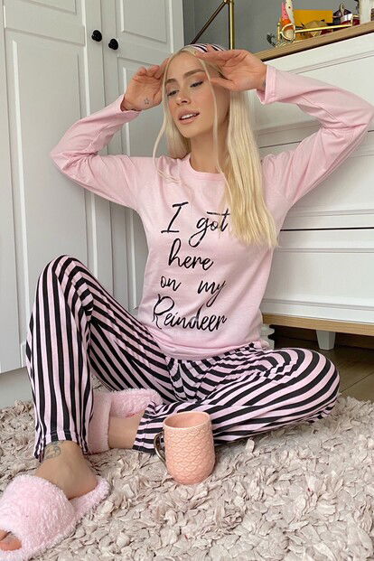 Reindeer Baskılı Uzun Kol Kadın Pijama Takımı - 3
