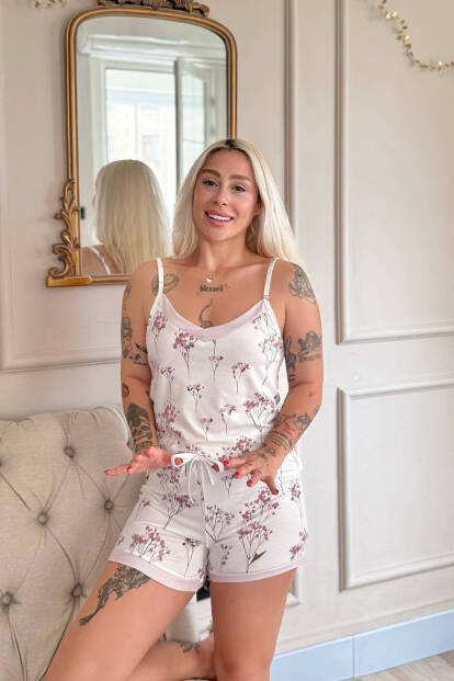 Rose Petal Desenli Ip Askılı Şortlu Bambu Kadın Pijama Takımı - 2