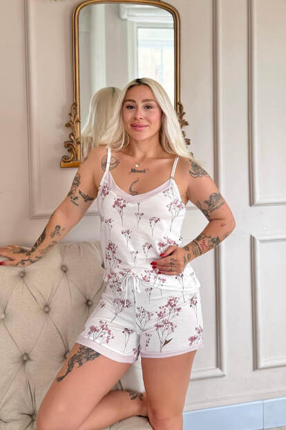 Rose Petal Desenli Ip Askılı Şortlu Bambu Kadın Pijama Takımı - 3