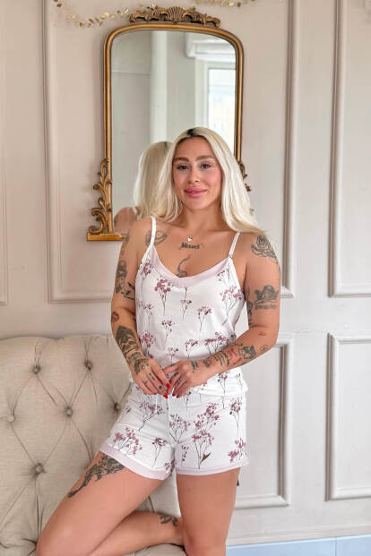 Rose Petal Desenli Ip Askılı Şortlu Bambu Kadın Pijama Takımı - 4