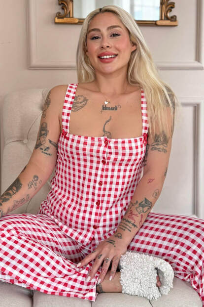 Rouge Gingham Desenli Bambu Önden Düğmeli Kalın Askılı Pijama Takımı - 1