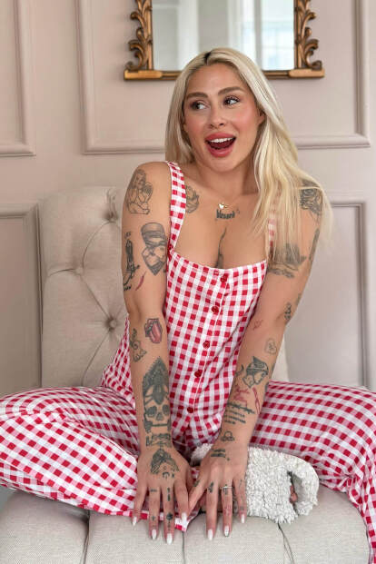 Rouge Gingham Desenli Bambu Önden Düğmeli Kalın Askılı Pijama Takımı - 2