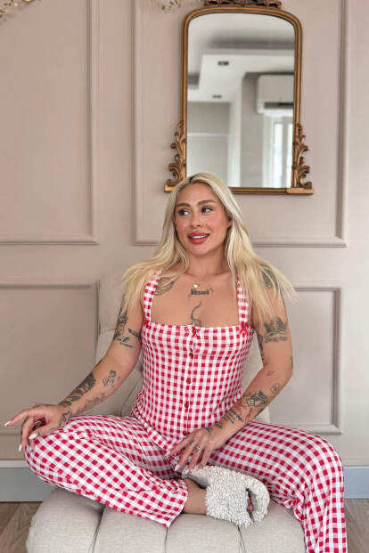 Rouge Gingham Desenli Bambu Önden Düğmeli Kalın Askılı Pijama Takımı - 3