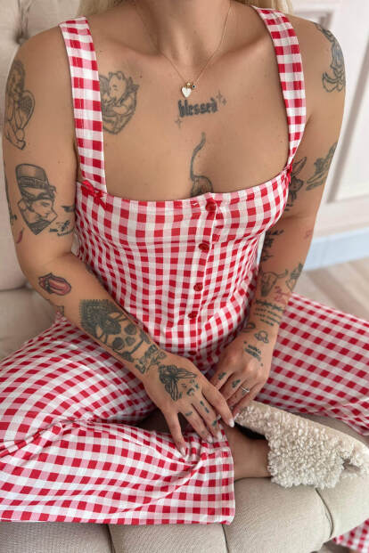 Rouge Gingham Desenli Bambu Önden Düğmeli Kalın Askılı Pijama Takımı - 4