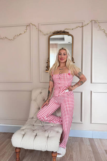 Rouge Gingham Desenli Bambu Önden Düğmeli Kalın Askılı Pijama Takımı - 5