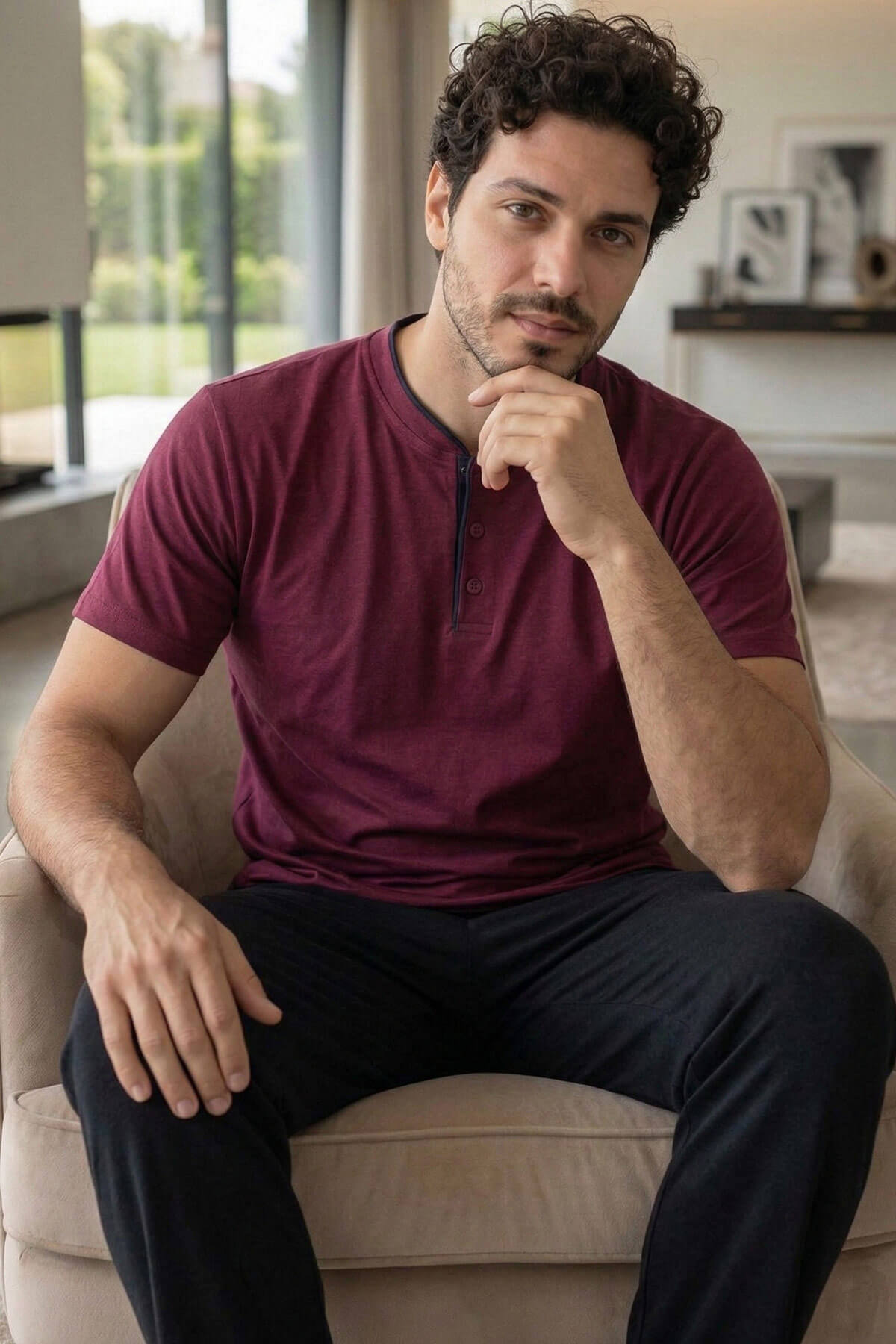 Royal Bordeaux Kısa Kollu Pat Detaylı Elegant Erkek Pijama Takımı - Pijamaevi