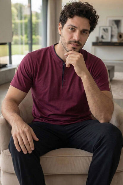 Royal Bordeaux Kısa Kollu Pat Detaylı Elegant Erkek Pijama Takımı 