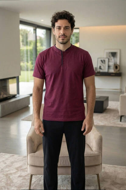Royal Bordeaux Kısa Kollu Pat Detaylı Elegant Erkek Pijama Takımı - 7