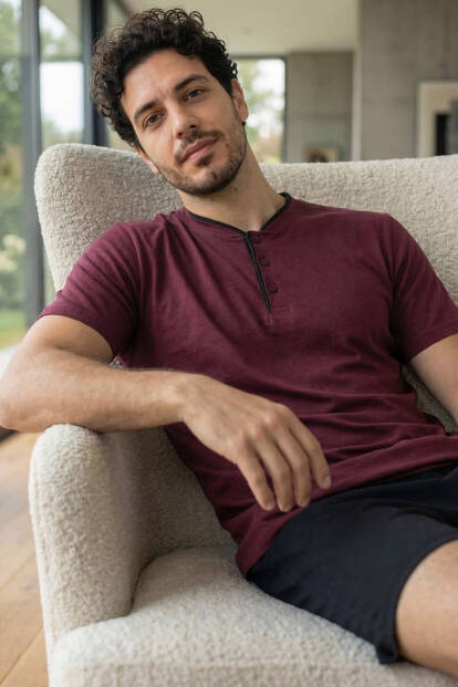 Royal Bordeaux Şortlu Pat Detaylı Elegant Erkek Pijama Takımı - 2