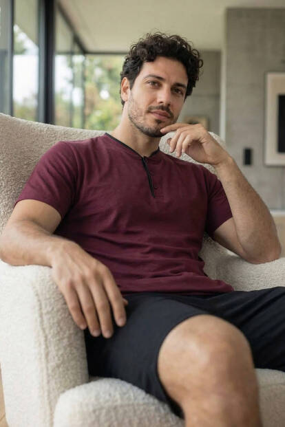 Royal Bordeaux Şortlu Pat Detaylı Elegant Erkek Pijama Takımı - 3