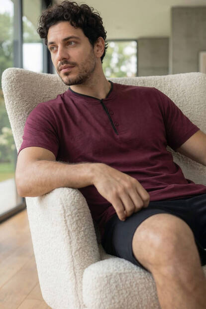 Royal Bordeaux Şortlu Pat Detaylı Elegant Erkek Pijama Takımı - 4