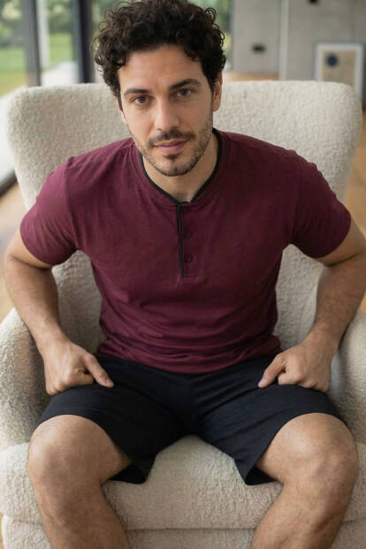 Royal Bordeaux Şortlu Pat Detaylı Elegant Erkek Pijama Takımı - 5