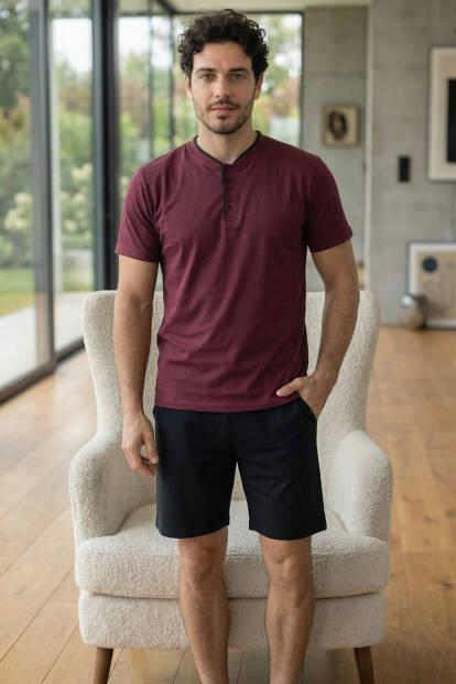 Royal Bordeaux Şortlu Pat Detaylı Elegant Erkek Pijama Takımı - 7