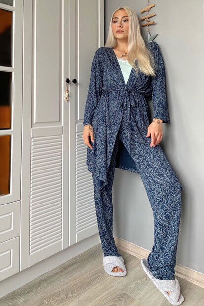 Şal Baskılı Sabahlıklı Pijama Takımı - 4