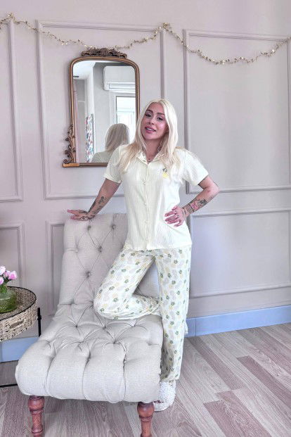 Sarı Ananas Desenli Zincir Önden Düğmeli Kısa Kol Kadın Pijama - 6