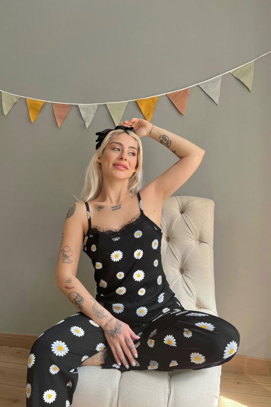 Sarı Beyaz Papatya Dantelli İp Askılı Örme Pijama Takımı - Pijamaevi (2)