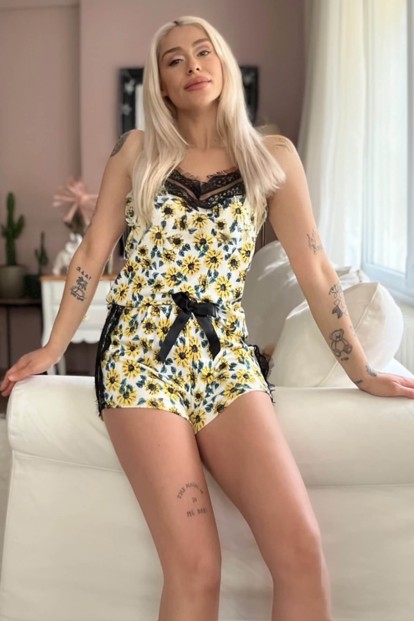 Sarı Çiçek Pegasus Dantel Detaylı İp Askı Şortlu Örme Pijama Takımı - 2