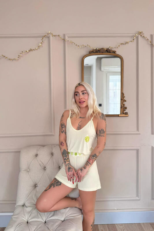 Sarı Citron Fresh Desenli Örme Ip Askı Şortlu Kadın Pijama Takımı - Pijamaevi (1)