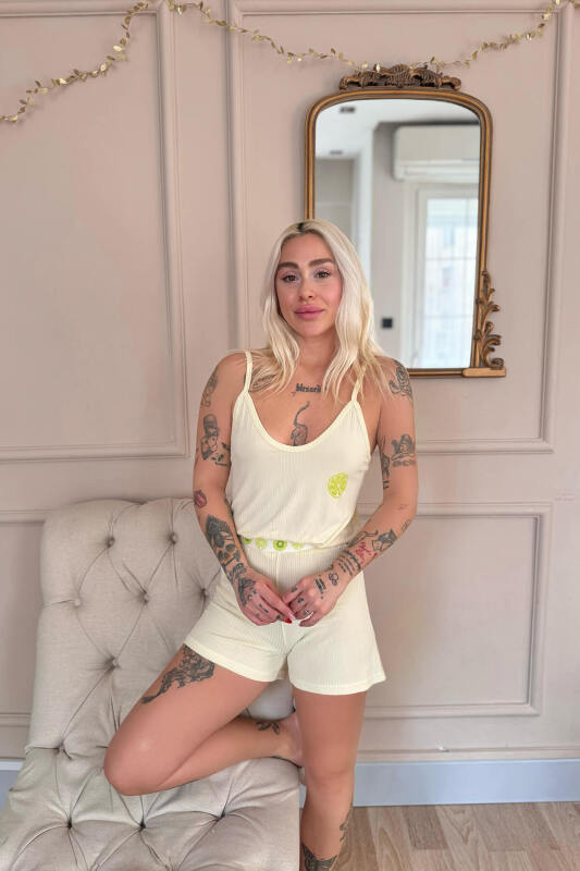 Sarı Citron Fresh Desenli Örme Ip Askı Şortlu Kadın Pijama Takımı - Pijamaevi (2)