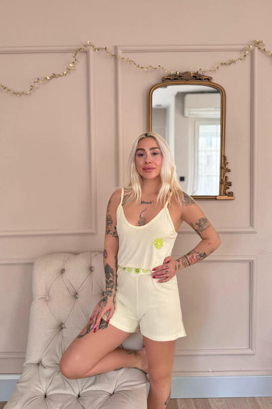 Sarı Citron Fresh Desenli Örme Ip Askı Şortlu Kadın Pijama Takımı - Pijamaevi (3)