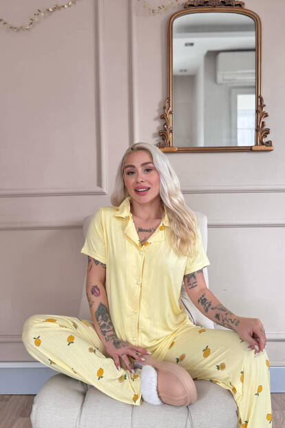 Sarı Citrus Charm Desenli Önden Düğmeli Marlenka Pijama Takımı - 2