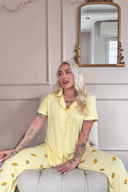 Sarı Citrus Charm Desenli Önden Düğmeli Marlenka Pijama Takımı - 4