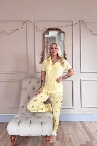 Sarı Citrus Charm Desenli Önden Düğmeli Marlenka Pijama Takımı - 6